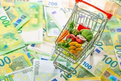 Food prices in Europe. Grocery basket in Europe.food crisis. Rising food prices in the European Union.Decorative supermarket trolley with groceries on euro banknotes background.Food basket 