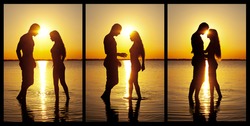 Couple silhouette at the beach kissing each others.