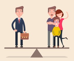 Businessman balance of work and family. Flat. Vector