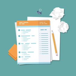 Work with documents, filling forms. Blank, crumpled paper, pencil, stickers, binder clip. Vector illustration top view
