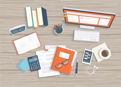 Desktop with monitor, keyboard, documents, headphones, phone, clock, notebook, coffee, calculator. Wooden table top view. Workplace background. Vector illustration