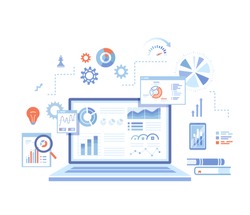 Analytics concept, Analysis, Analyzing, Data processing, Success strategy. Laptop with graphs and charts and  Infographic Elements. Vector illustration on white background. 