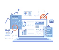 Financial Report. Accounting, analysis, audit, research, results. Laptop with graphs and charts on the screen, clipboard, report, target, calendar, magnifier. Vector illustration on white background.