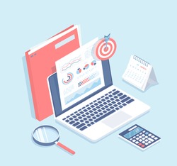 Auditing, analysis, accounting, calculation, analytics. Documents with charts graphs on the laptop screen, folder, magnifying glass, calculator, calendar, target. Isometric 3d vector illustration