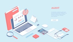 Auditing, analysis, accounting, calculation, analytics. Documents with charts graphs on the laptop screen, folder, magnifying glass, calculator, calendar, target. Isometric 3d vector background