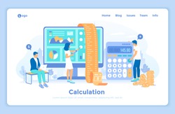 Calculation, bookkeeping, economic audit, financial analysis, tax accounting, bill payment. People work with documents, invoice, bill. landing web page design template decorated with people characters