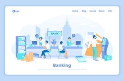 Banking Financial services. Money exchange, transfer, payment, accounts operation. Bank office interior, finance managers and clients. Man with a credit card near an ATM. landing web page template.