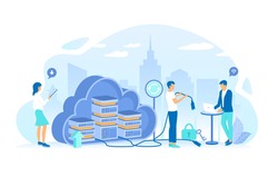 Users work with a cloud service platform. Cloud Computing. Web cloud technology, data storage, hosting, connection. Working process, teamwork communication. Vector illustration flat style.