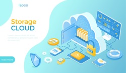 Cloud storage. Remote Data Storage service. Hosting provider, Data backup, Cloud computing. Big cloud with connected computer, phone, tablet, smart watch. Isometric vector illustration for website.