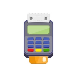 POS terminal or credit card terminal with bank card. Cashless payments. Pos payment and credit card payment concept. Vector icon isolated on a white background. Flat design.
