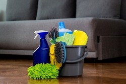 Household cleaners, detergent, rag, rubber gloves, washcloth, brush, cleaning bucket. Means for keeping the house clean.