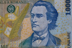 Closeup of 1000 Romanian lei banknote, 1996 Series - paper, for design purpose