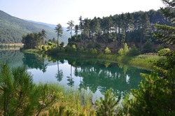 Landscape with panoramic view of Lake Doxa an artificial lake in western Corinthia, Greece.