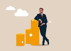Businessman standing with crossed legs and leaning on pile of coins, vector businessman character illustration.