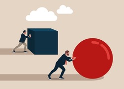 Competition. Enterprising businessman pushes sphere. Behind are pushing heavy load. Direction to victory. Winning strategy business concept. Effective achievement.