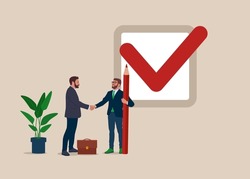 Businessman handshake completed checkbox. Commitment, promise or agreement to deliver, leadership skill or trust on work responsibility. Flat vector illustration.
