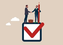 Businessman handshake completed checkbox. Commitment, promise or agreement to deliver, leadership skill or trust on work responsibility. Flat vector illustration.