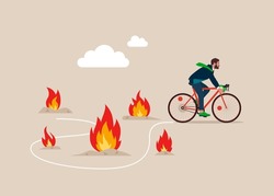 Businessman with Bicycle  pass many fire to achieve business success. Avoid pitfall, adversity and brave to around pass mistake or business failure. Flat vector illustration