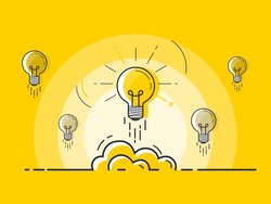 Set of light bulbs rocket launch with one glowing. Trendy flat vector light bulb icons with concept of idea on yellow background. 