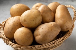 Basket with fresh raw Nicola potatoes close up