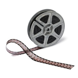 Vintage 16mm film reel and film on white background isolated on white background 