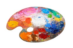 Art studio class painting palette on white background isolated cutout close up