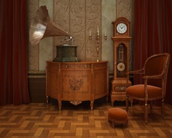 Classical interior with grandfather's clock and gramophone