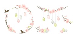 Frames for Easter holidays. Willow, Cherry blossom and eggs. Set vector design elements on the theme of flowering and spring.