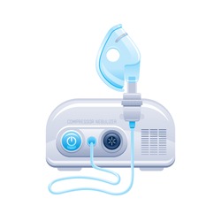 Nebulizer icon. Medical machine with mask and aerosol compressor for oxygen therapy. Hospital breath treatment equipment for asthma, pneumonia, bronchitis. Vector device illustration isolated on white