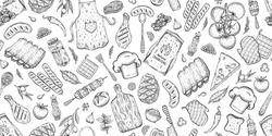 BBQ Seamless Pattern. Barbecue background,  sketch style with grill vector food. Meat steak, beef kebab, fish, sausage, rib, sauce. Barbeque doodle hand drawn illustration. Vintage BBQ Restaurant menu