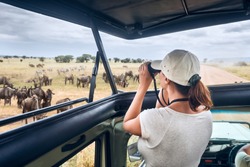 Woman tourist on safari in Africa, traveling by car with an open roof of Kenya and Tanzania, watching zebras and antelopes in the savannah.National park Serengeti