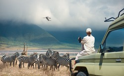 Woman tourist on safari-tour in Africa, traveling by car in Tanzania, watching wild animals and birds in the National park Ngorongoro.