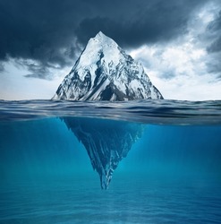 Beautiful big white iceberg mountain underwater. Concept global warming and melting glaciers.