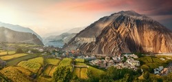 Panoramic view of the ancient village of Kagbeni: the gateway to Upper Mustang. The Mustang region of northern-central Nepal.