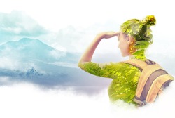 Double exposure portrait of young woman  traveler looking at Batur volcano. Indonesia.
