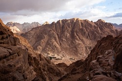 Sinai Mountains on cloudy day. Top view of Mousa mountain near St. Catherine Monastery, Egypt 