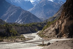 River and mountain landscape in Northern Pakistan. Gilgit Baltistan Karakoram Highway Pakistan