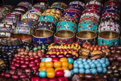 Bright colorful Tibetan traditional bracelets for sale on the market in Leh, Ladakh, India