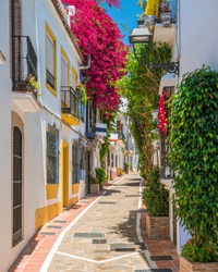 A picturesque and narrow street in Marbella old town, province of Malaga, Spain.