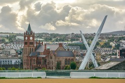 Scenic view of Londonderry, with Guildhall and Peace Bridge, Northern Ireland