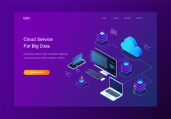 Website 3d Isometric Landing page of People interacting with cloud computing services analyzing statistics. Data visualization concept illustration