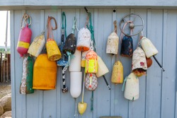 
Colorful buoys hanging on an old shed in Nova Scotia, Canada.