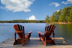 Two Adirondack chairs on a wooden dock overlooking a calm lake.  Cottages nestled between green trees are visible across the water.