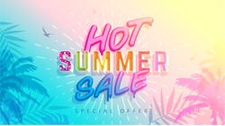 Hot Summer Sale banner. Trendy texture. Season vocation, weekend, holiday logo. Summer Time Wallpaper. Happy shiny Day. Modern vector Lettering. Fashionable styling. 