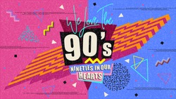 90s and 80s poster. We Love The 90's. Retro style textures and text mix. Aesthetic fashion background and eighties graphic. Pop and rock music party event template. Vintage vector poster, banner.
