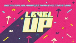 Game. Level Up. Screen. Pixel video game achievement, pixels 8 bit games ui and gaming level progress. Arcade games achievements or pixelation gaming trophy. Vector illustration easy editable.