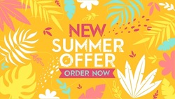 New summer offer banner. Hello Summer Sale poster. Trendy texture. Season vocation, weekend, holiday logo icon. Summer Time Wallpaper. Happy shiny Day. Plant floral design. Fashionable style. 