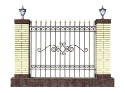 Decorative forged fence with pillar  in old  stiletto. Isolated over white background.