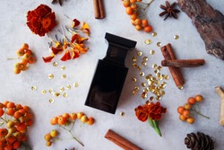 
black perfume bottle with cinnamon sticks, orange flowers and bark fragments on gray background