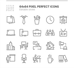 Simple Set of Icons Related to Office Work. Contains such icons as Work from Home, Meeting, Reception and more. Lined Style. 64x64 Pixel Perfect. Editable Stroke.